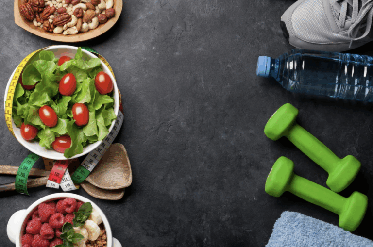 healthy food, water and weights